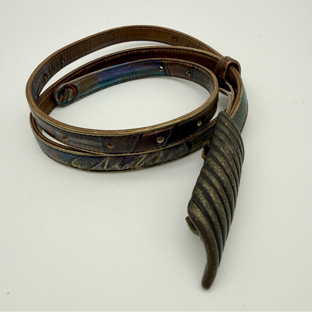 JANE YOO Hand Painted Leather Belt with Sculpted Buckle 39.5" Long
